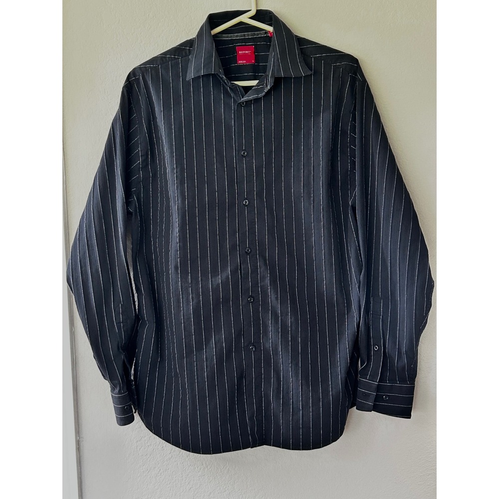 Report Collection Mens Black Pinstripe Stretch Button Down Shirt Large LS